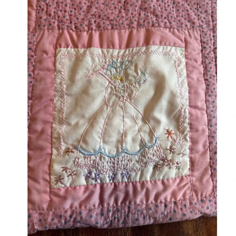 Vintage Pristine Handmade Baby Crib Quilt, Pink Embroidered Nursery Heirloom